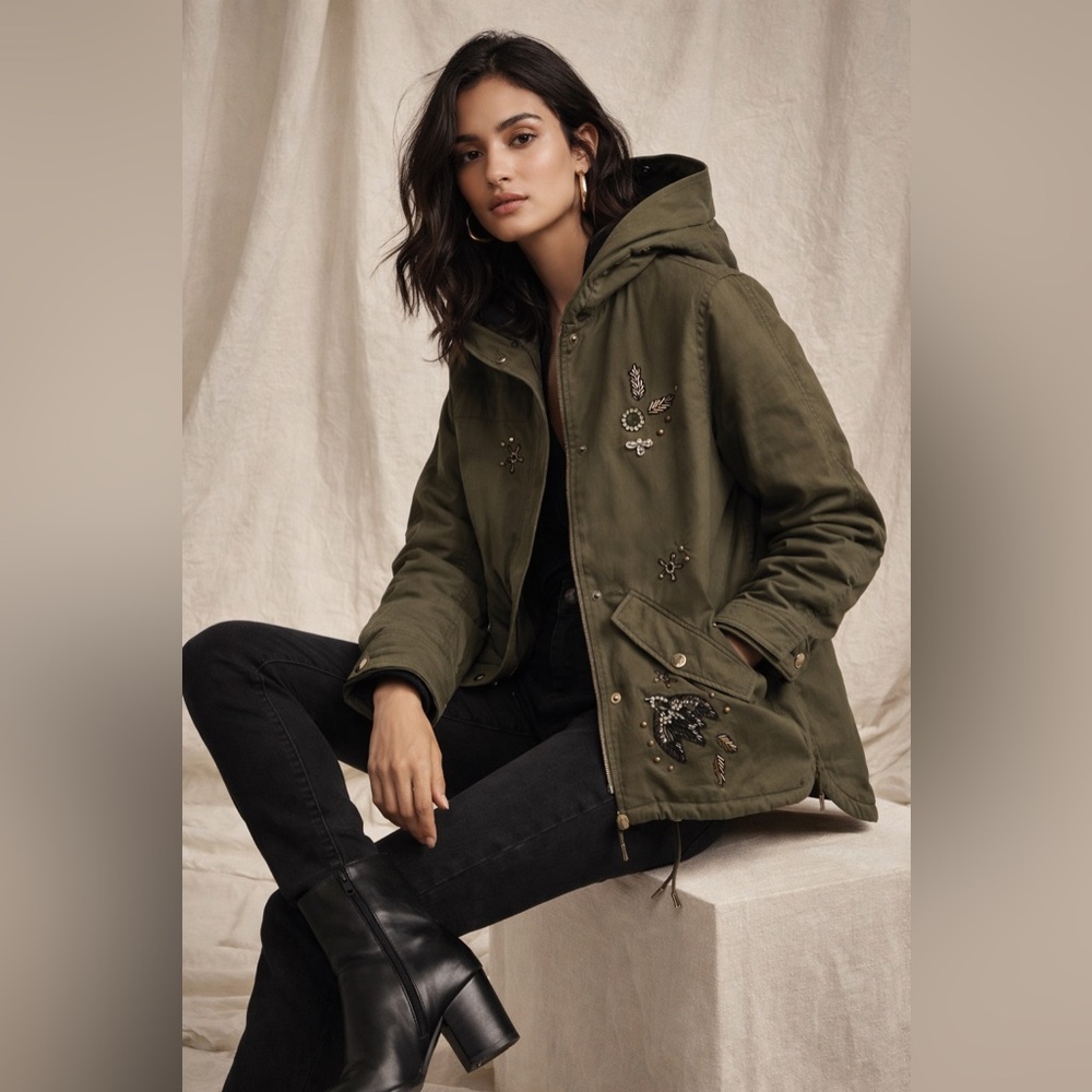 Zara Embellished Olive Green Hooded Parka Jacket black faux fur soft lining S